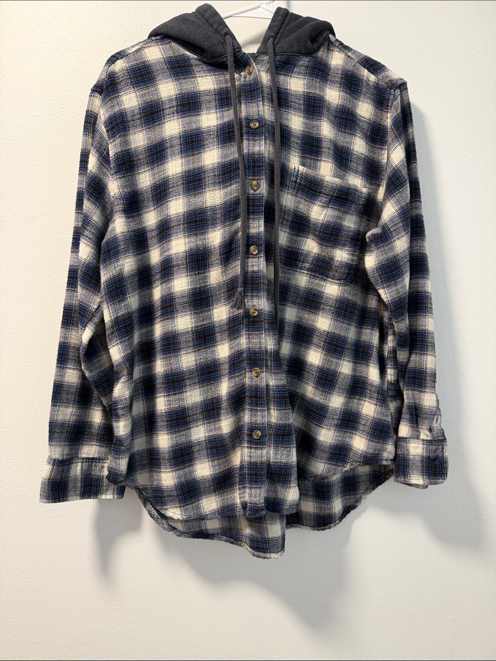 American Eagle Outfitters Navy & White Plaid Button-Up Shirt with Hood Size L